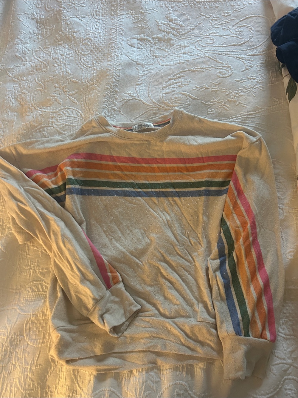 PJ Salvage Cream Crewneck with Rainbow Stripe Detail